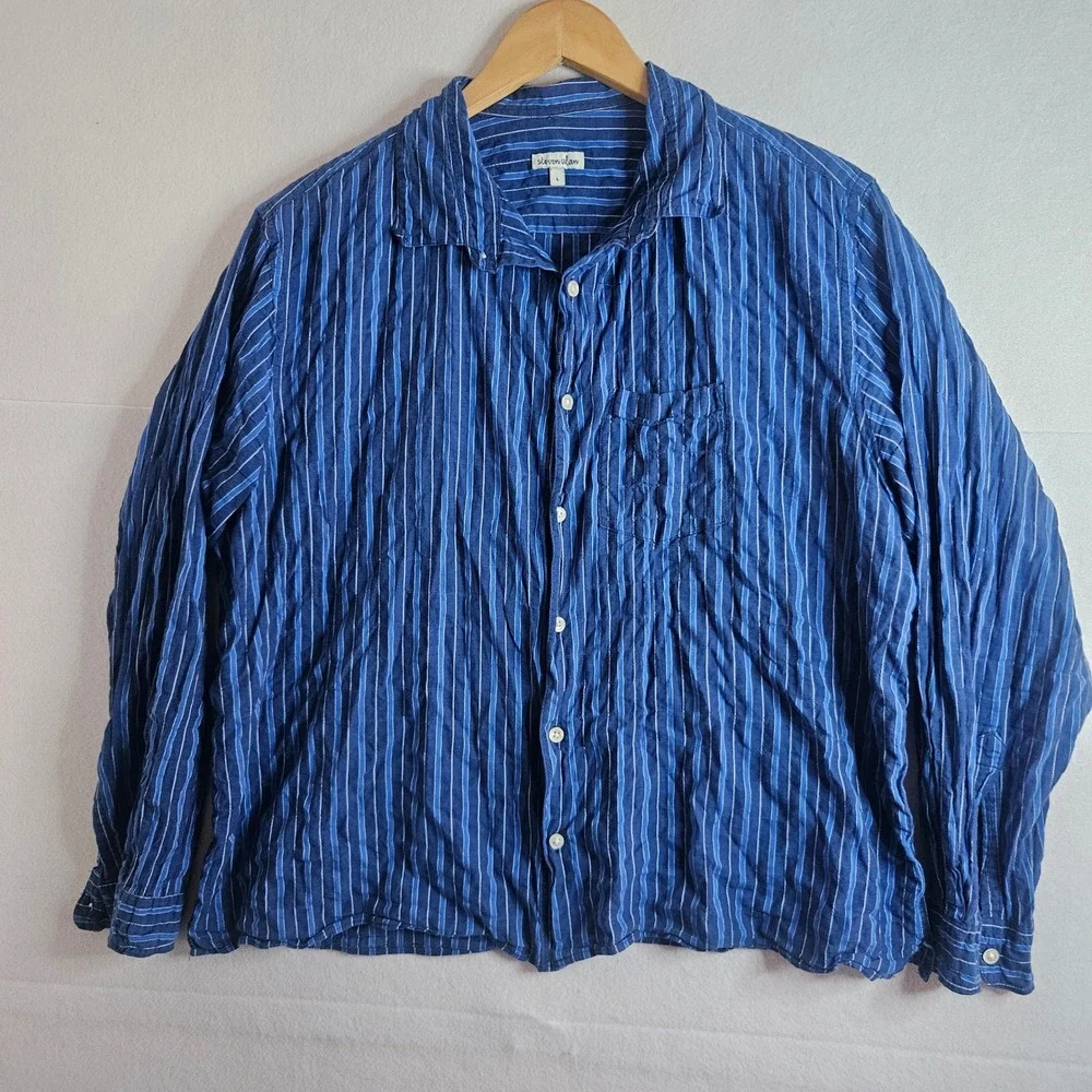 Steven Alan Mens Blue Striped Cotton Button Down Shirt Made in NYC Large